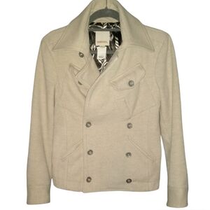 Diesel Cream Moto Style Jacket Double Breasted Beige Short Wool Coat Silky Lined